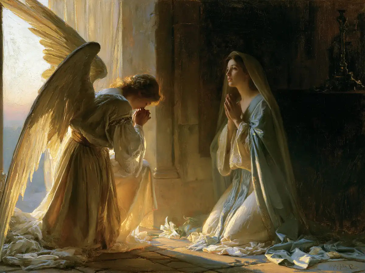 The Annunciation - Celestial Annunciation in Blue Ivory and Gold - Christian artwork collection