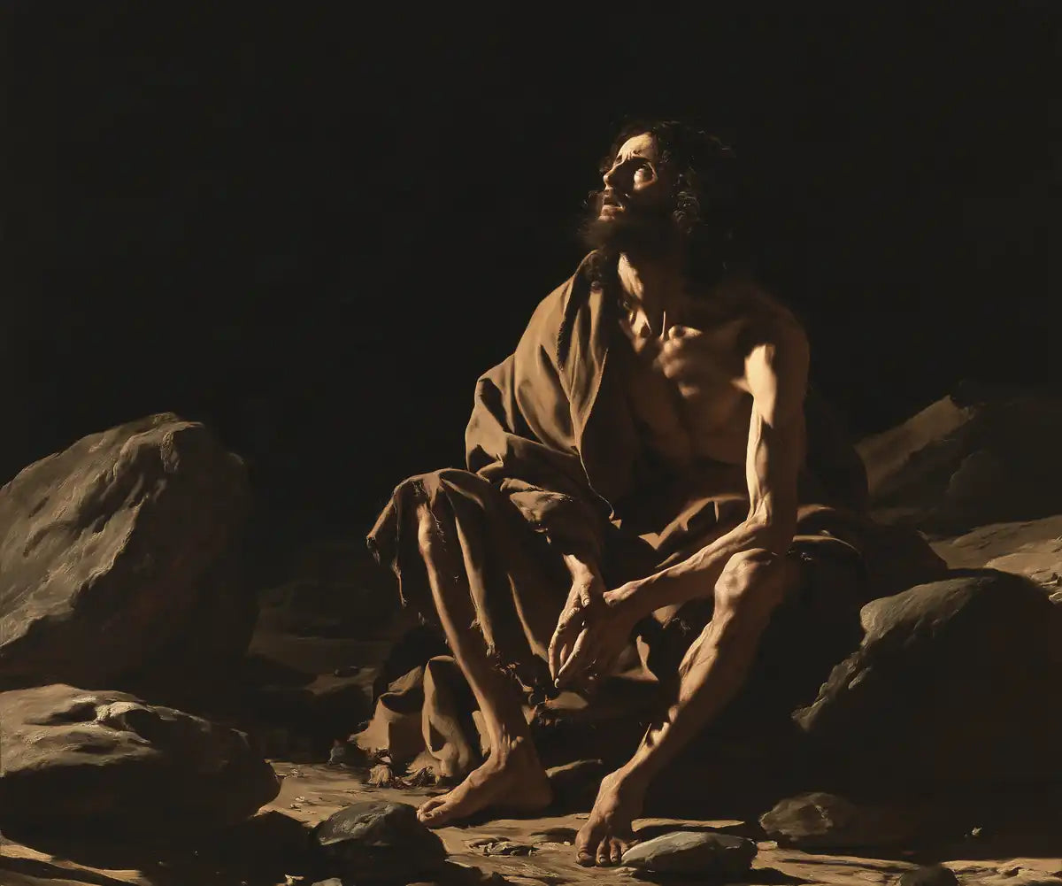 Jesus in the Desert - Caravaggio Tenebrism - Christian artwork collection