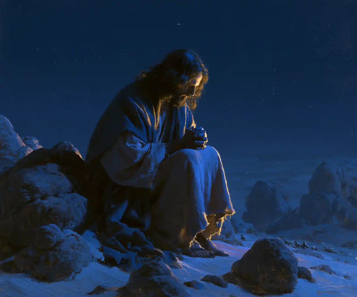 Jesus in the Desert - Midnight Blue Chiaroscuro - Christian artwork collection