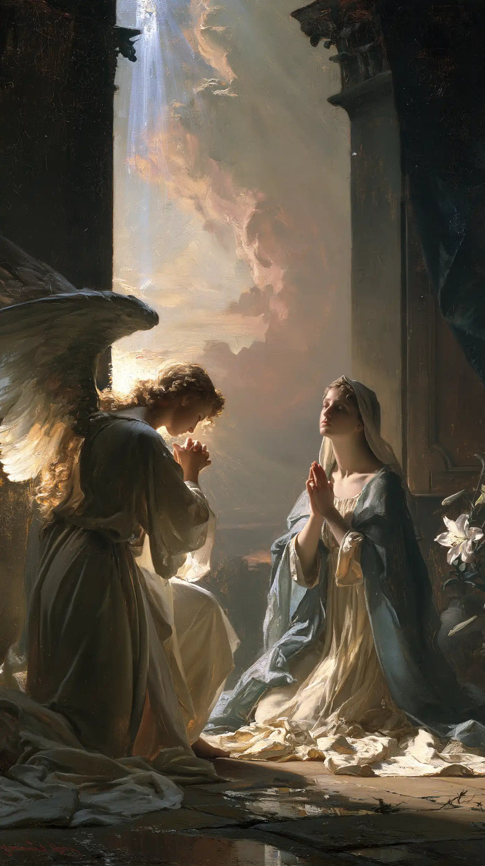 the Annunciation at dawn in The Annunciation at Dawn style, portrait Christian artwork no. 2