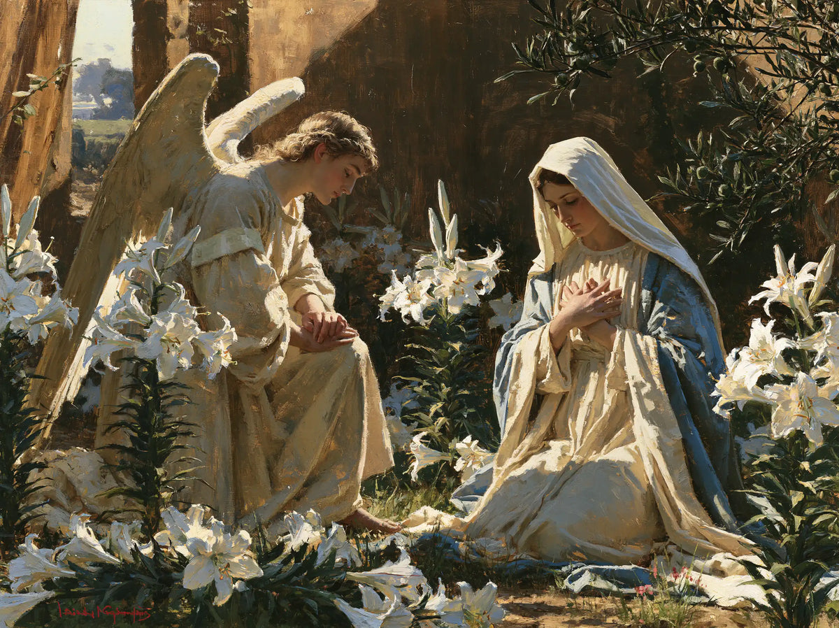 the Annunciation in a garden in The Annunciation in the Garden style, landscape Christian artwork no. 1