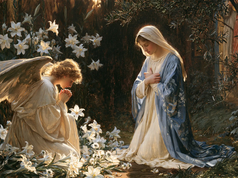 the Annunciation in a garden in The Annunciation in the Garden style, landscape Christian artwork no. 10