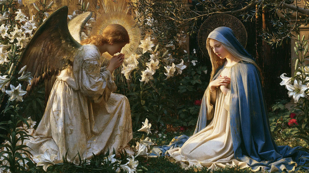 the Annunciation in a garden in The Annunciation in the Garden style, landscape Christian artwork no. 21