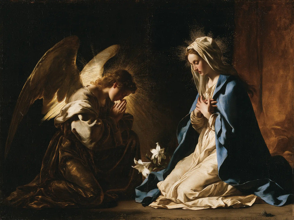 the Annunciation in black and gold in Black and Gold style, landscape Christian artwork no. 1