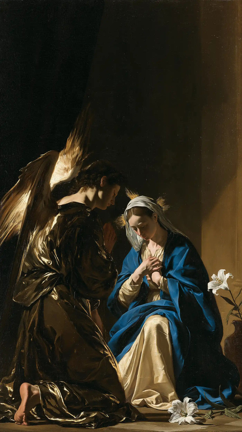 the Annunciation in black and gold in Black and Gold style, portrait Christian artwork no. 2