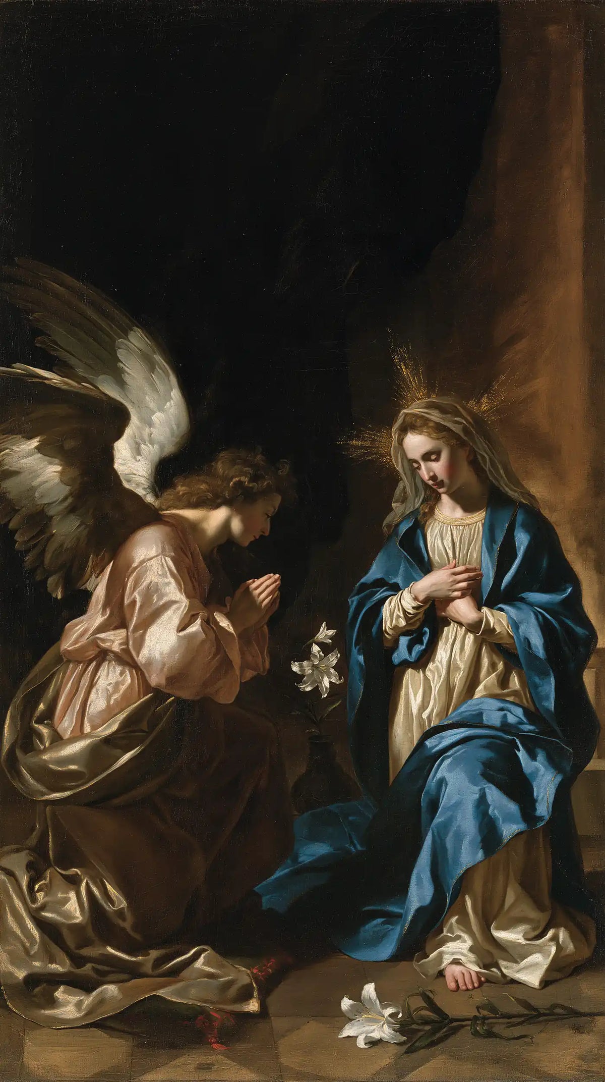the Annunciation in black and gold in Black and Gold style, portrait Christian artwork no. 7