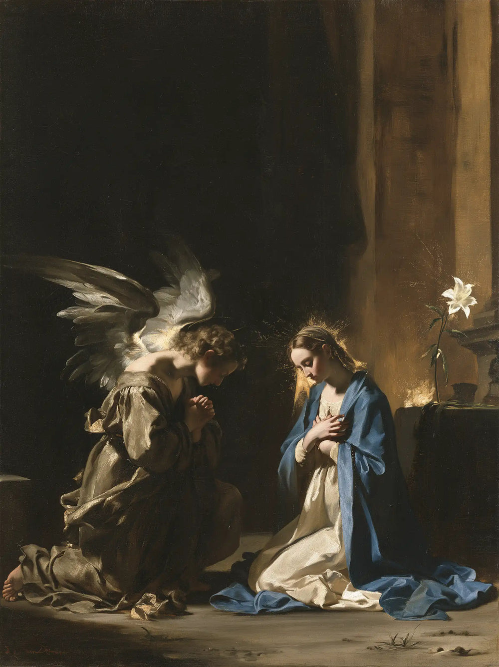 the Annunciation in black and gold in Black and Gold style, portrait Christian artwork no. 14