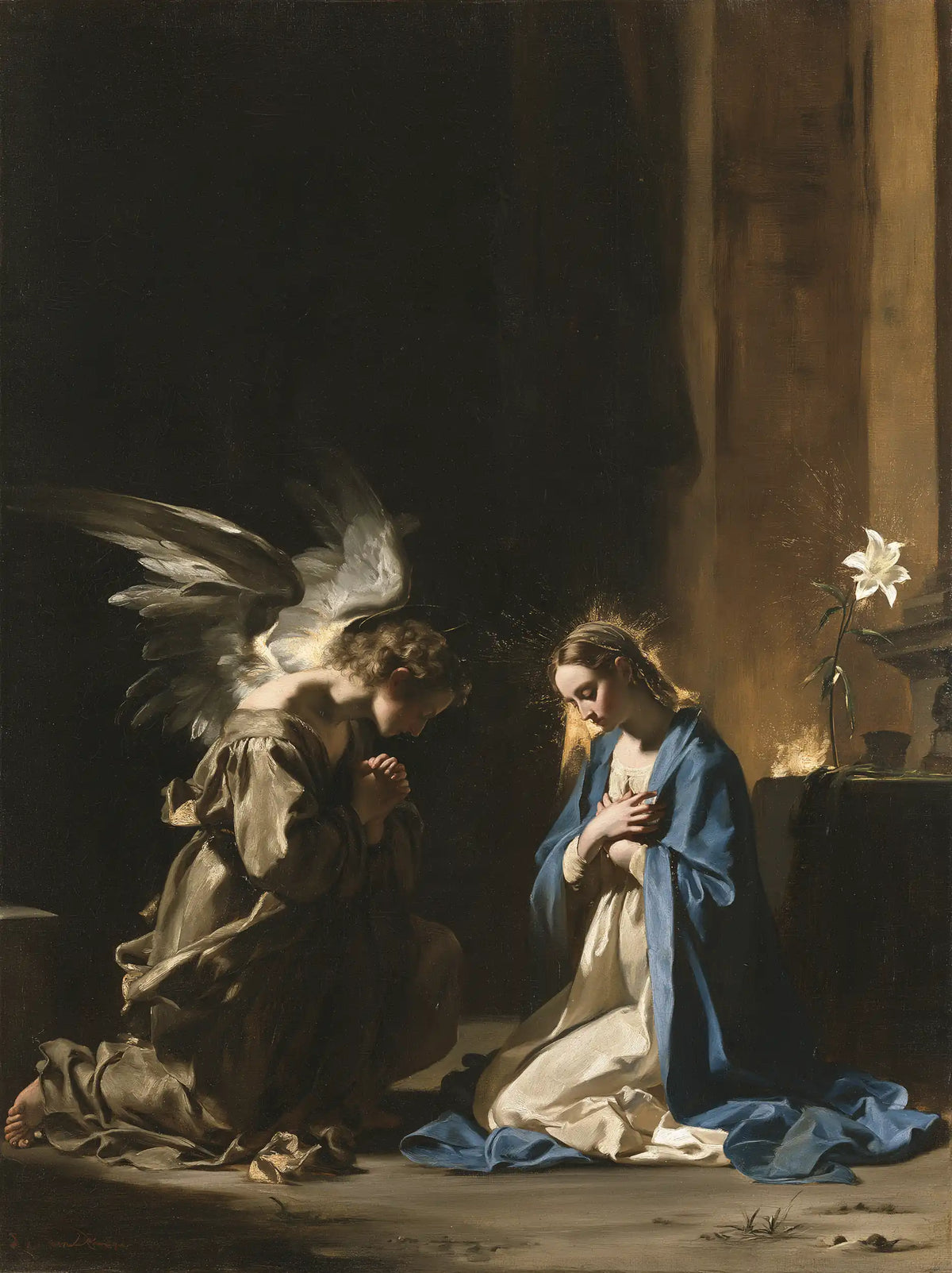 the Annunciation in black and gold in Black and Gold style, portrait Christian artwork no. 14