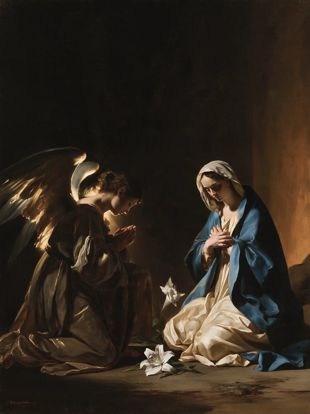 the Annunciation in black and gold in Black and Gold style, portrait Christian artwork no. 21