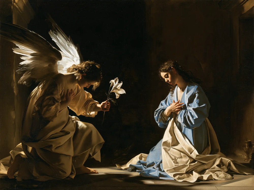 the Annunciation in dramatic chiaroscuro in Caravaggio Tenebrism style, landscape Christian artwork no. 2