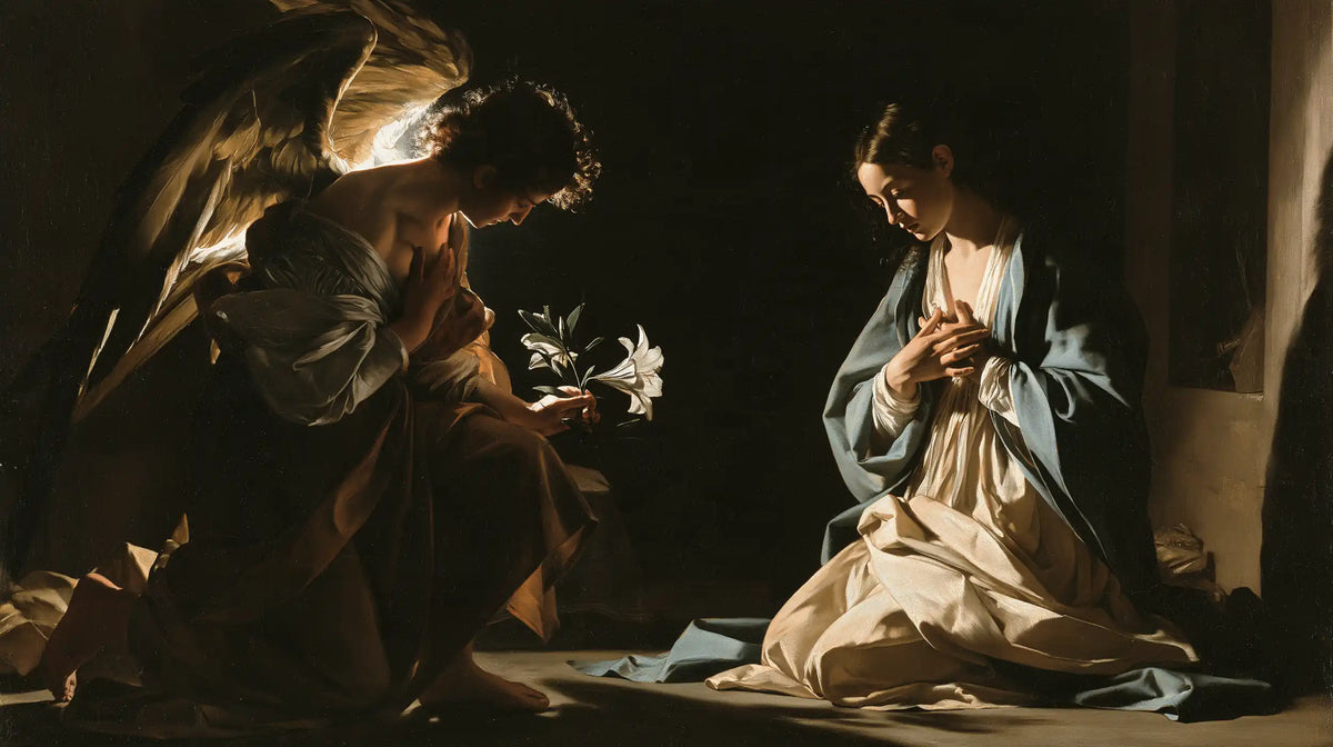 the Annunciation in dramatic chiaroscuro in Caravaggio Tenebrism style, landscape Christian artwork no. 10
