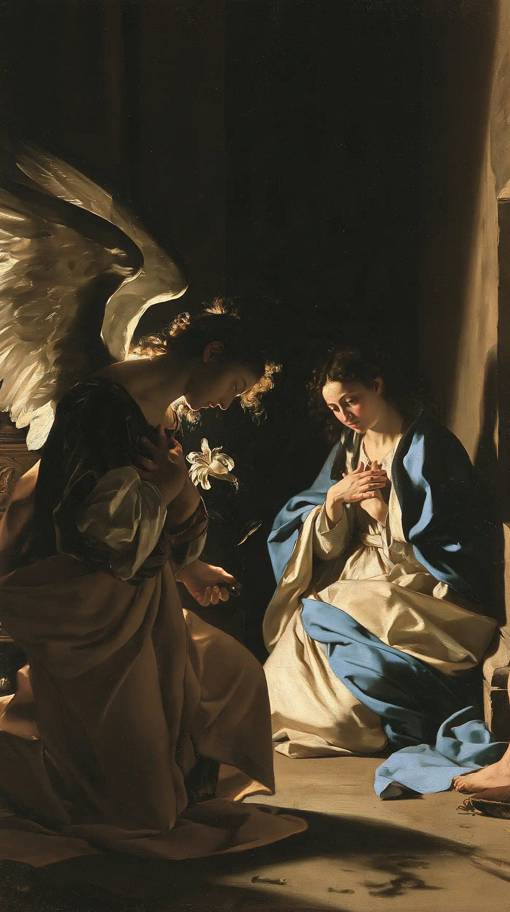 the Annunciation in dramatic chiaroscuro in Caravaggio Tenebrism style, portrait Christian artwork no. 2