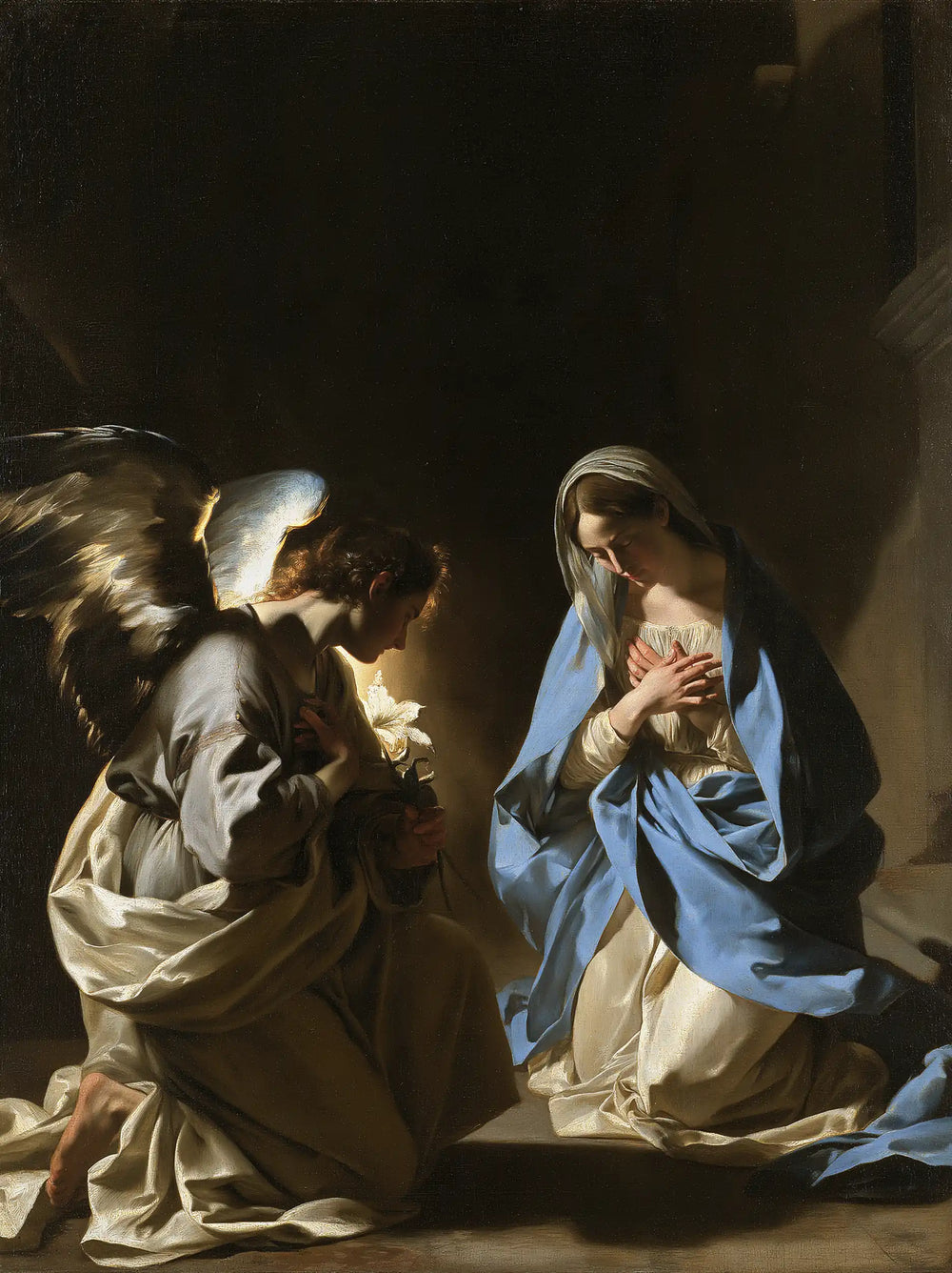 the Annunciation in dramatic chiaroscuro in Caravaggio Tenebrism style, portrait Christian artwork no. 6
