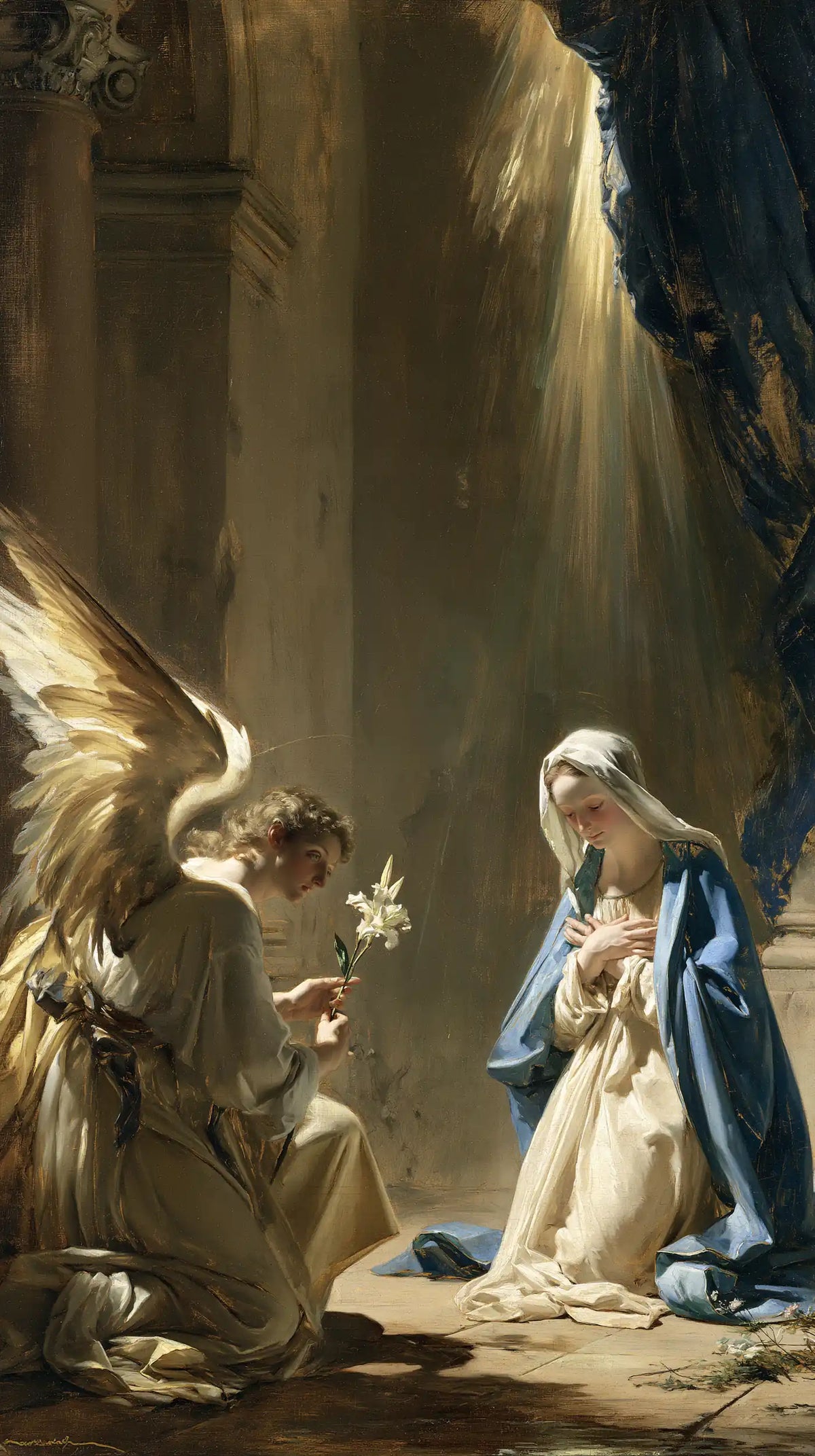 a celestial Annunciation in blue, ivory and gold in Celestial Annunciation in Blue, Ivory and Gold style, portrait Christian artwork no. 2