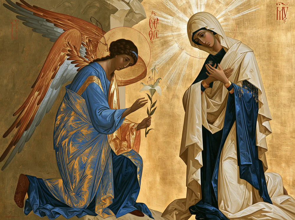the Annunciation in a contemporary Byzantine icon in Contemporary Byzantine style, landscape Christian artwork no. 1