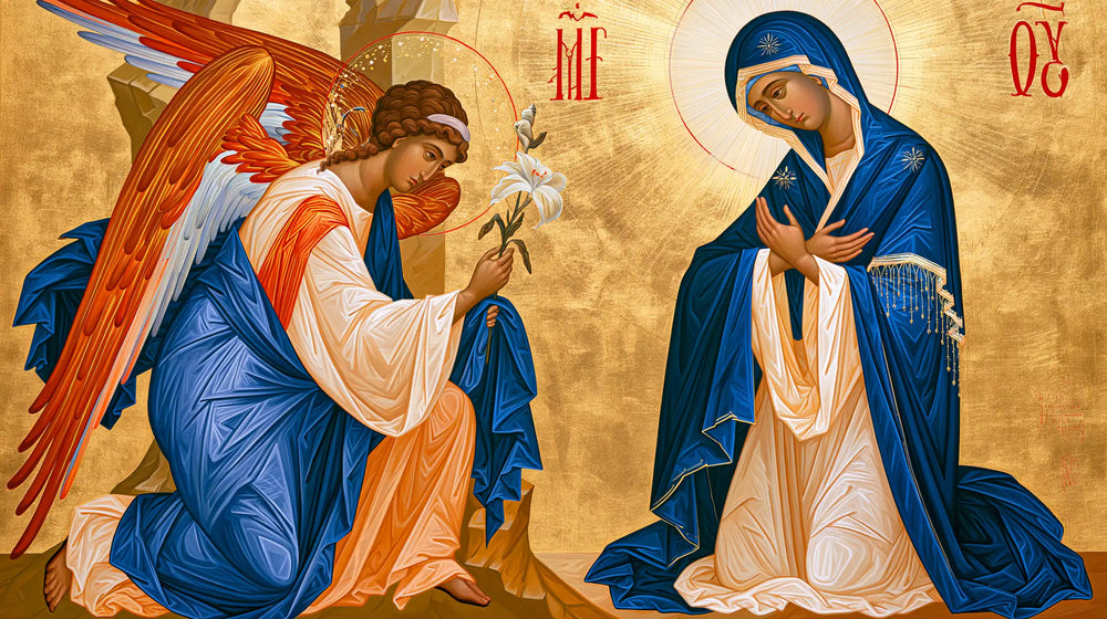 the Annunciation in a contemporary Byzantine icon in Contemporary Byzantine style, landscape Christian artwork no. 8