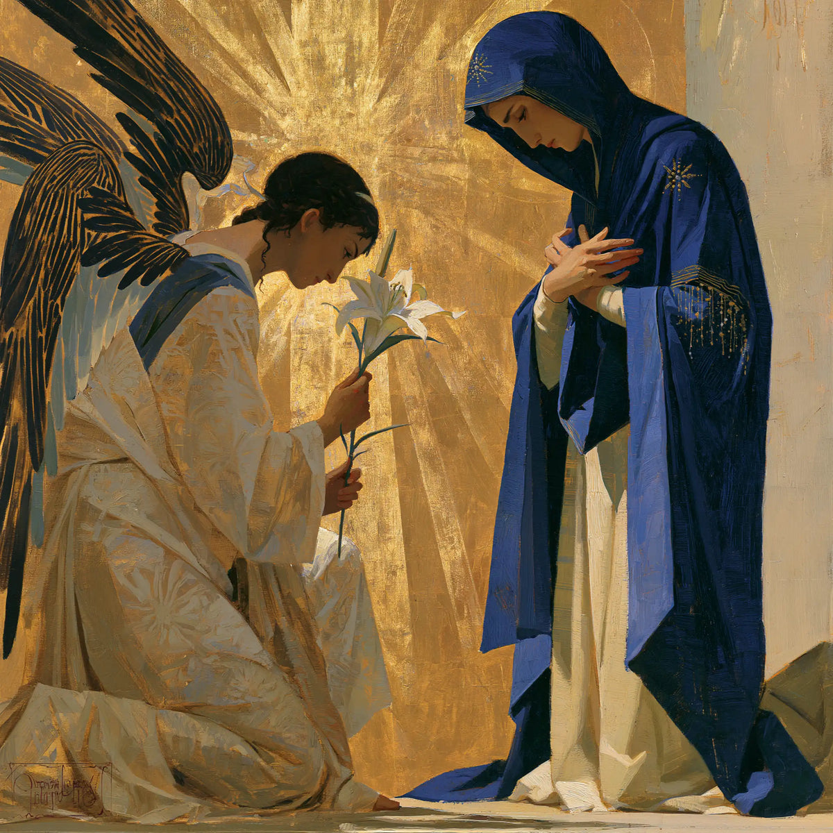 the Annunciation in a contemporary Byzantine icon in Contemporary Byzantine style, square Christian artwork no. 2