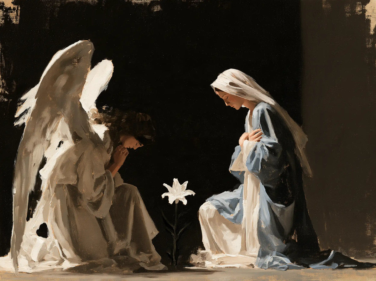 the Annunciation in a minimalist composition in Contemporary Minimalism style, landscape Christian artwork no. 1