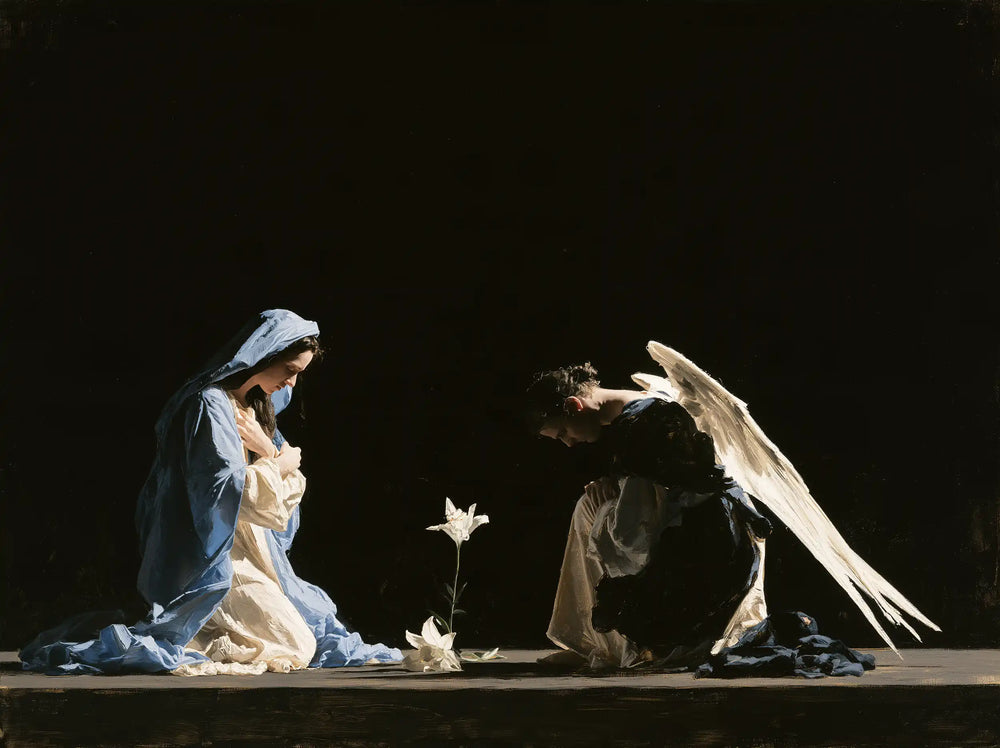 the Annunciation in a minimalist composition in Contemporary Minimalism style, landscape Christian artwork no. 8
