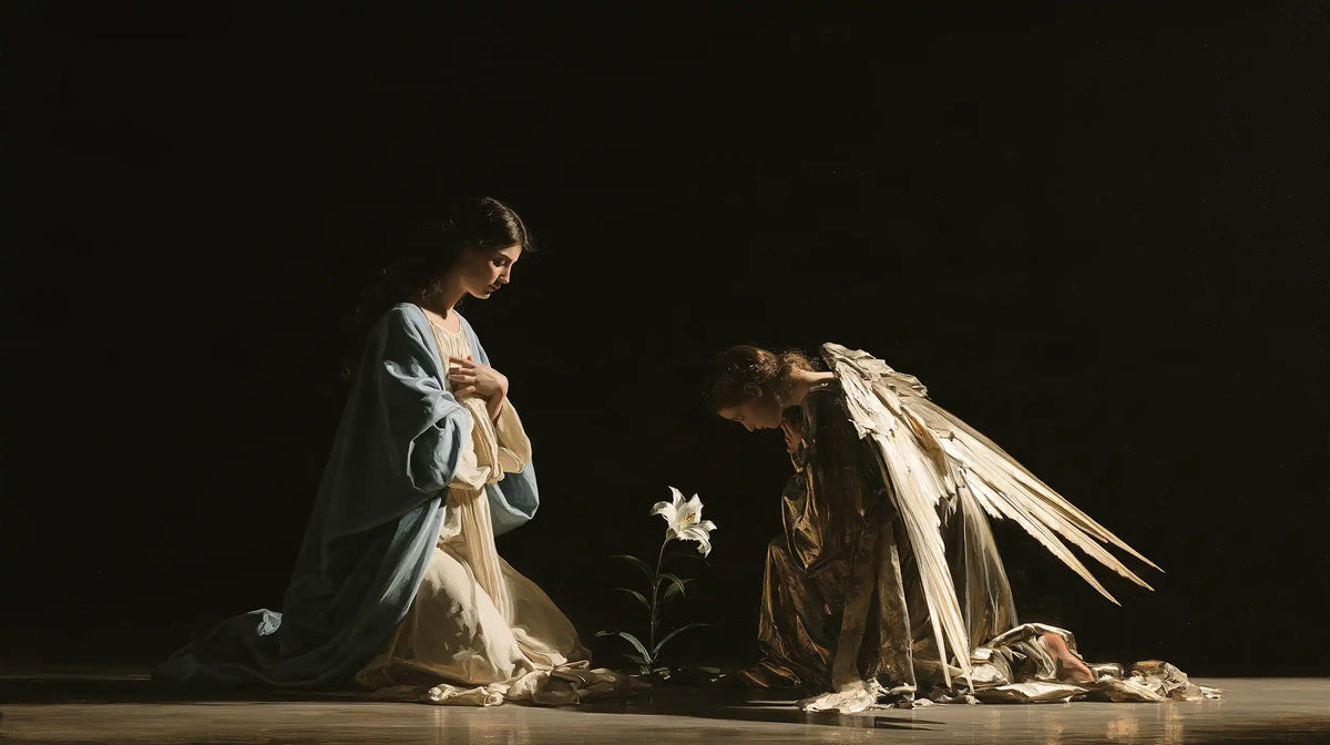 the Annunciation in a minimalist composition in Contemporary Minimalism style, landscape Christian artwork no. 10