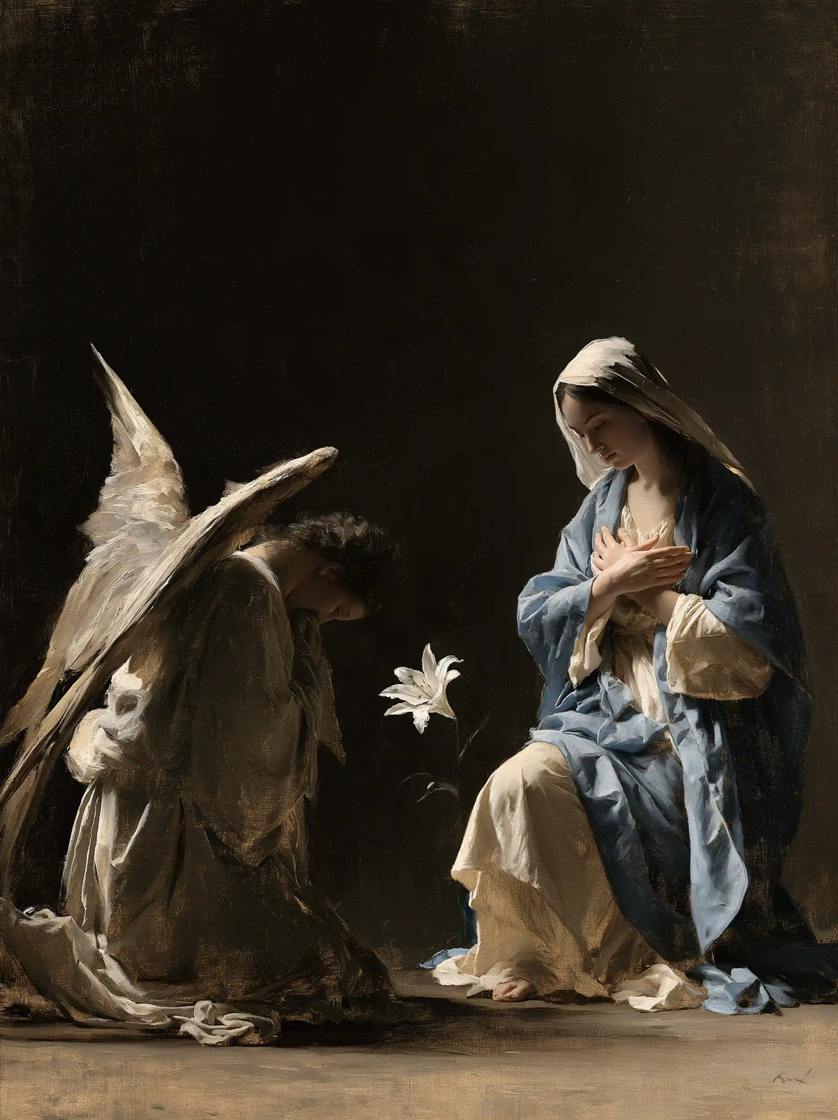 the Annunciation in a minimalist composition in Contemporary Minimalism style, portrait Christian artwork no. 17