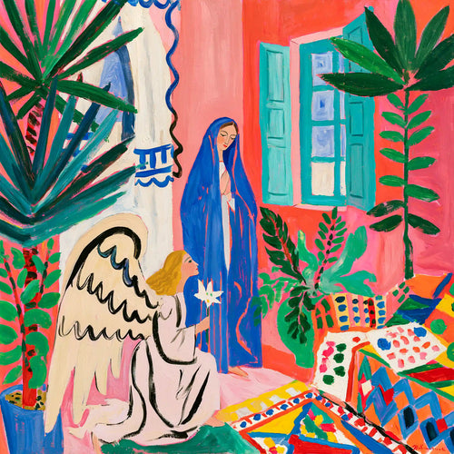 Gabriel kneeling with a white lily before Mary in a coral room with green palms in a Fauvist Annunciation square