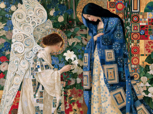 Mary and Gabriel with lilies in a dark floral garden with ornate wings in a Vienna Secession Annunciation landscape