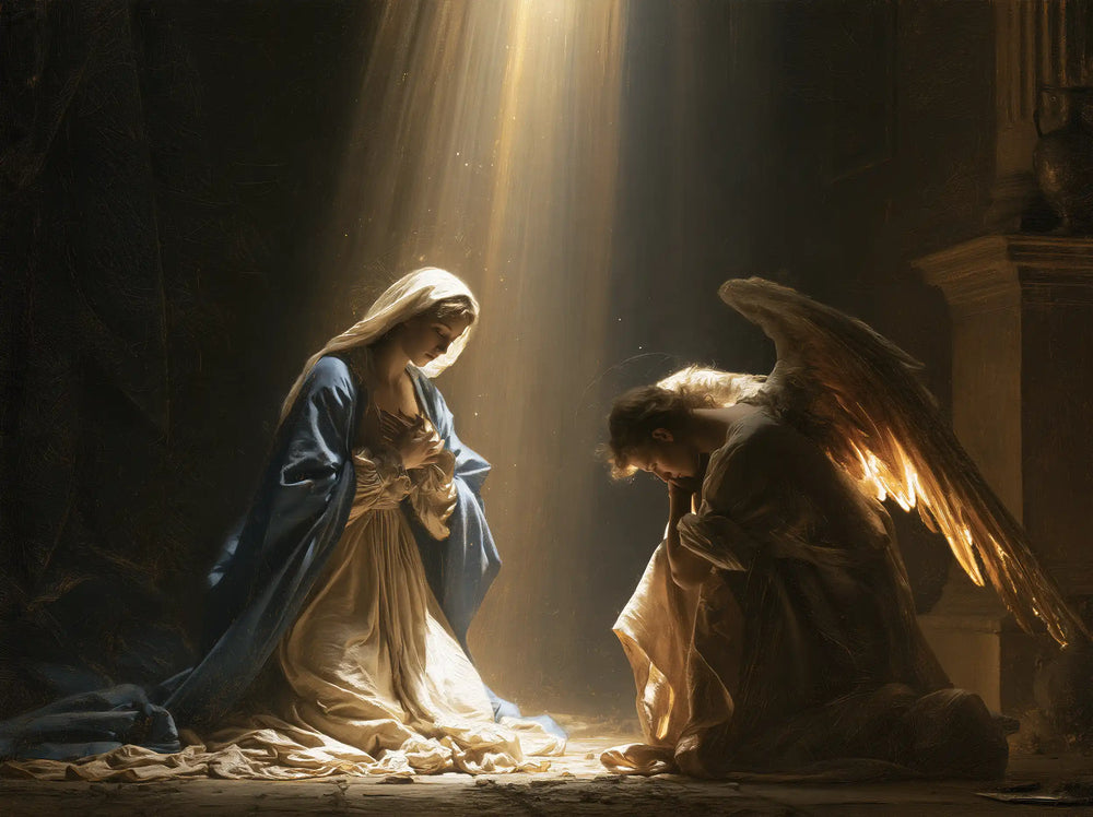 divine light descending upon Mary at the Annunciation in Divine Light Descending upon Mary style, landscape Christian artwork no. 1