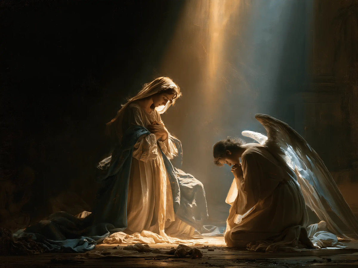 divine light descending upon Mary at the Annunciation in Divine Light Descending upon Mary style, landscape Christian artwork no. 2