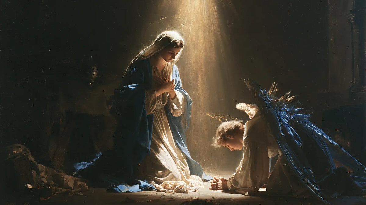 divine light descending upon Mary at the Annunciation in Divine Light Descending upon Mary style, landscape Christian artwork no. 21