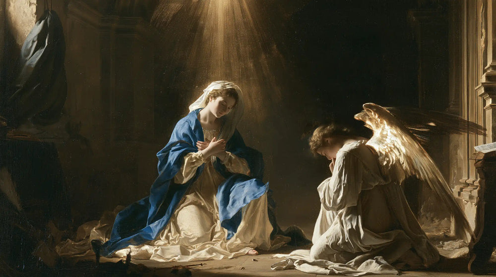 divine light descending upon Mary at the Annunciation in Divine Light Descending upon Mary style, landscape Christian artwork no. 22