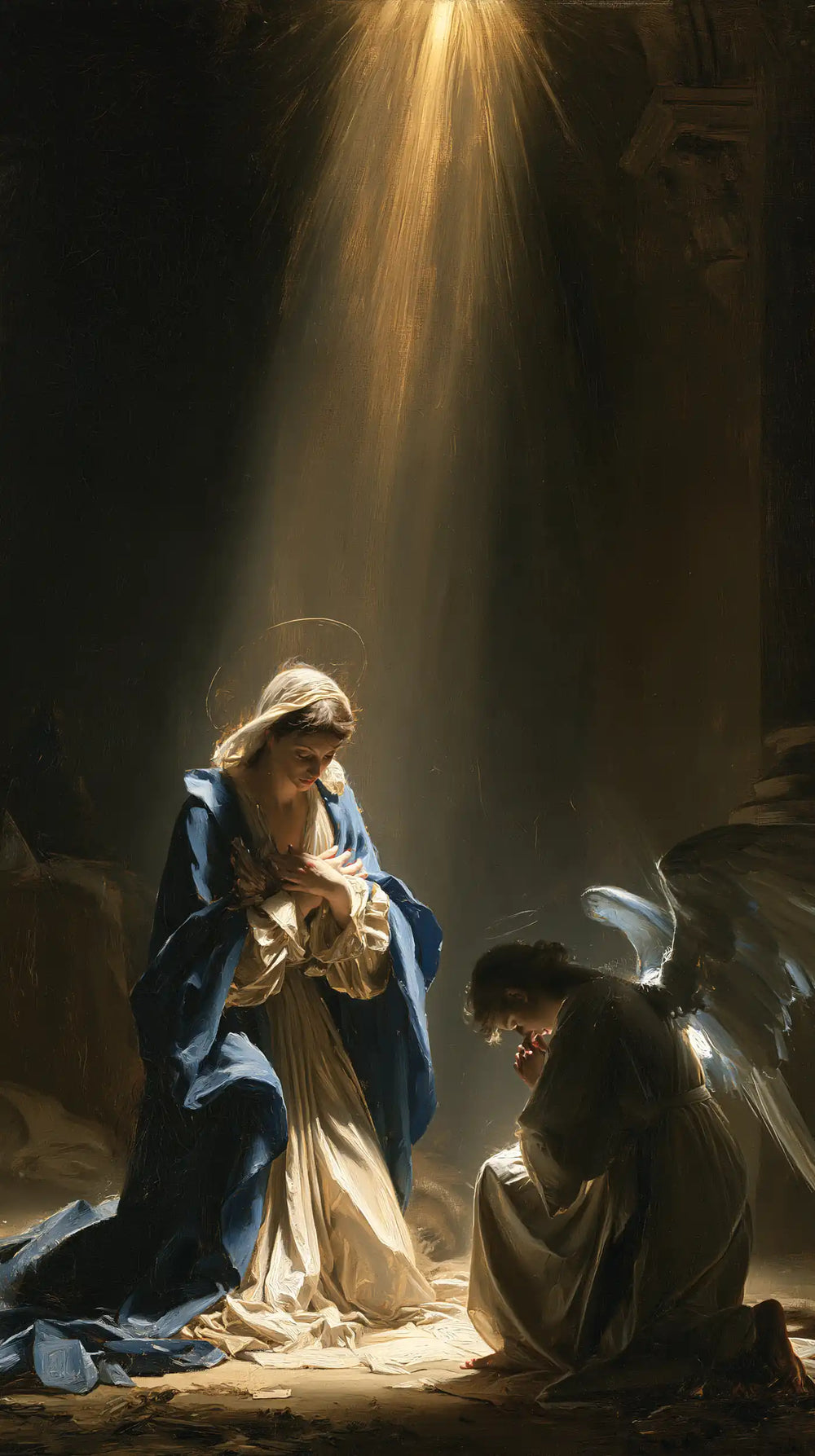 divine light descending upon Mary at the Annunciation in Divine Light Descending upon Mary style, portrait Christian artwork no. 2