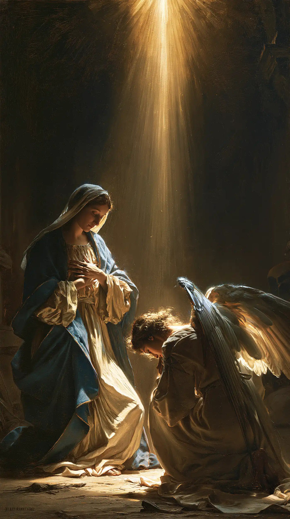 divine light descending upon Mary at the Annunciation in Divine Light Descending upon Mary style, portrait Christian artwork no. 3