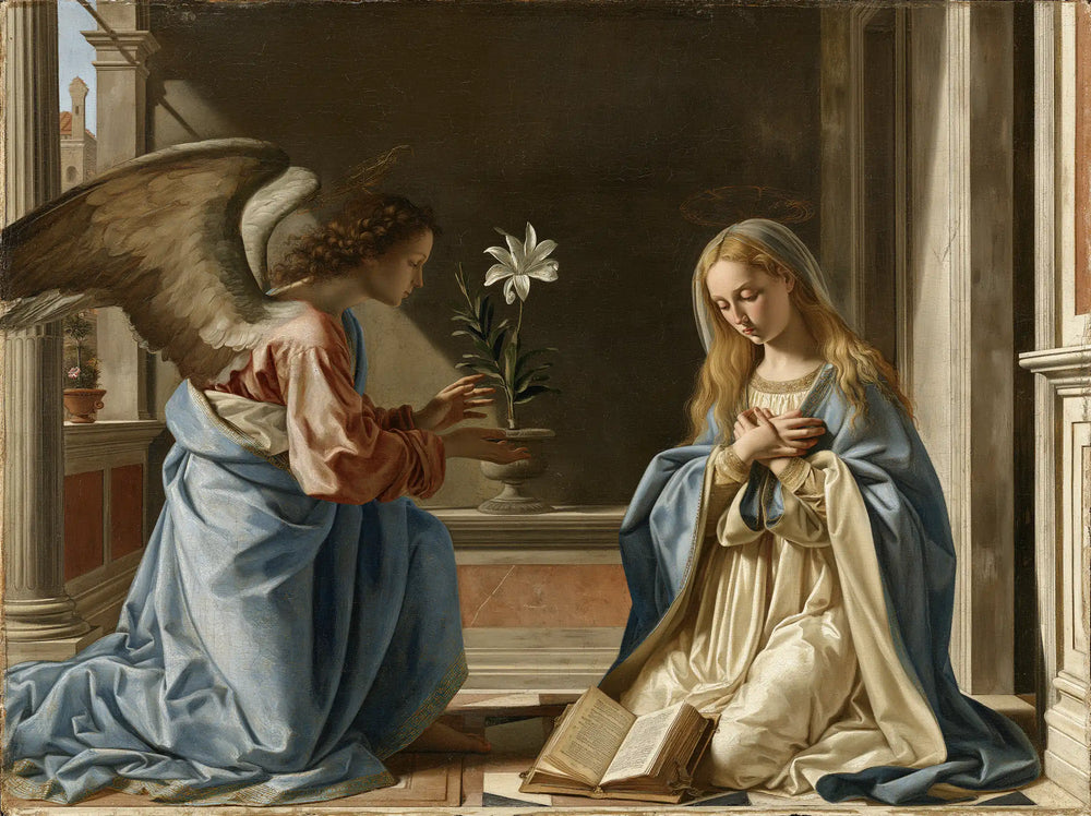 the Annunciation in Florentine Renaissance style in Florentine Renaissance style, landscape Christian artwork no. 1