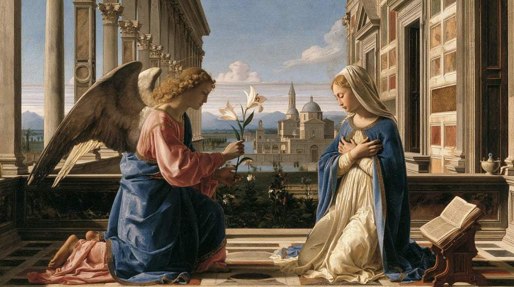 the Annunciation in Florentine Renaissance style in Florentine Renaissance style, landscape Christian artwork no. 11