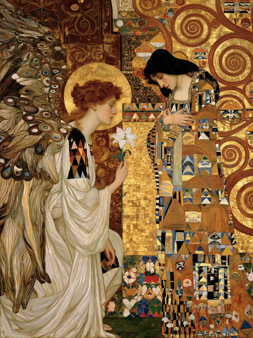 Gabriel bowing with a white flower before Mary inside a gold spiral sanctuary in a Vienna Secession portrait