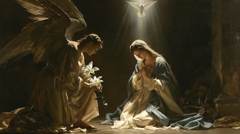 the Annunciation with the Holy Spirit in The Holy Spirit style, landscape Christian artwork no. 10