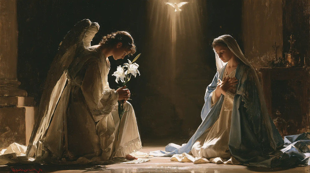the Annunciation with the Holy Spirit in The Holy Spirit style, landscape Christian artwork no. 17