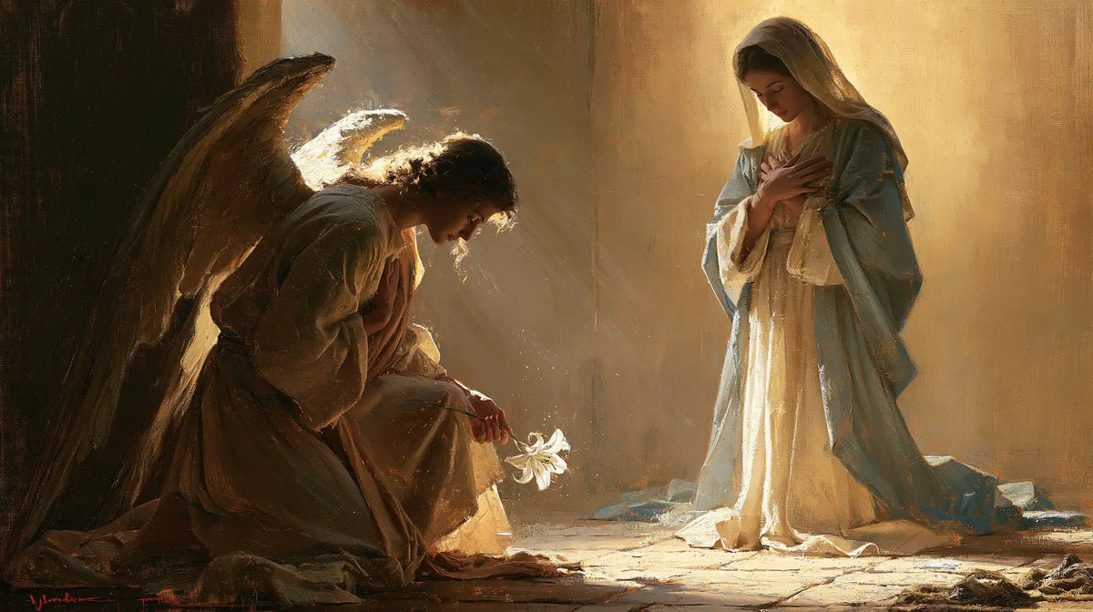 Mary kneeling before Gabriel at the Annunciation in Mary Kneeling before Gabriel style, landscape Christian artwork no. 5
