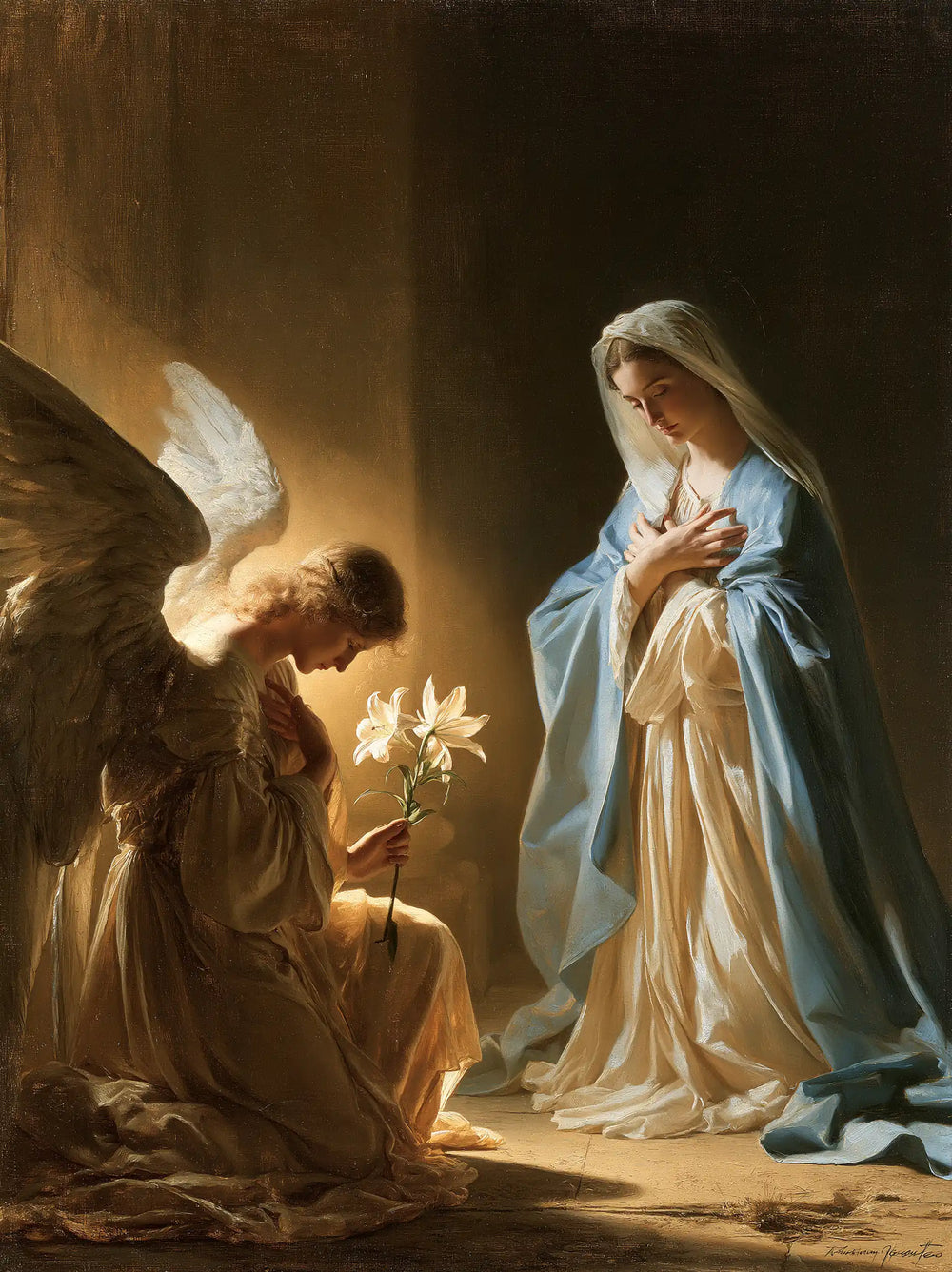 Mary kneeling before Gabriel at the Annunciation in Mary Kneeling before Gabriel style, portrait Christian artwork no. 2