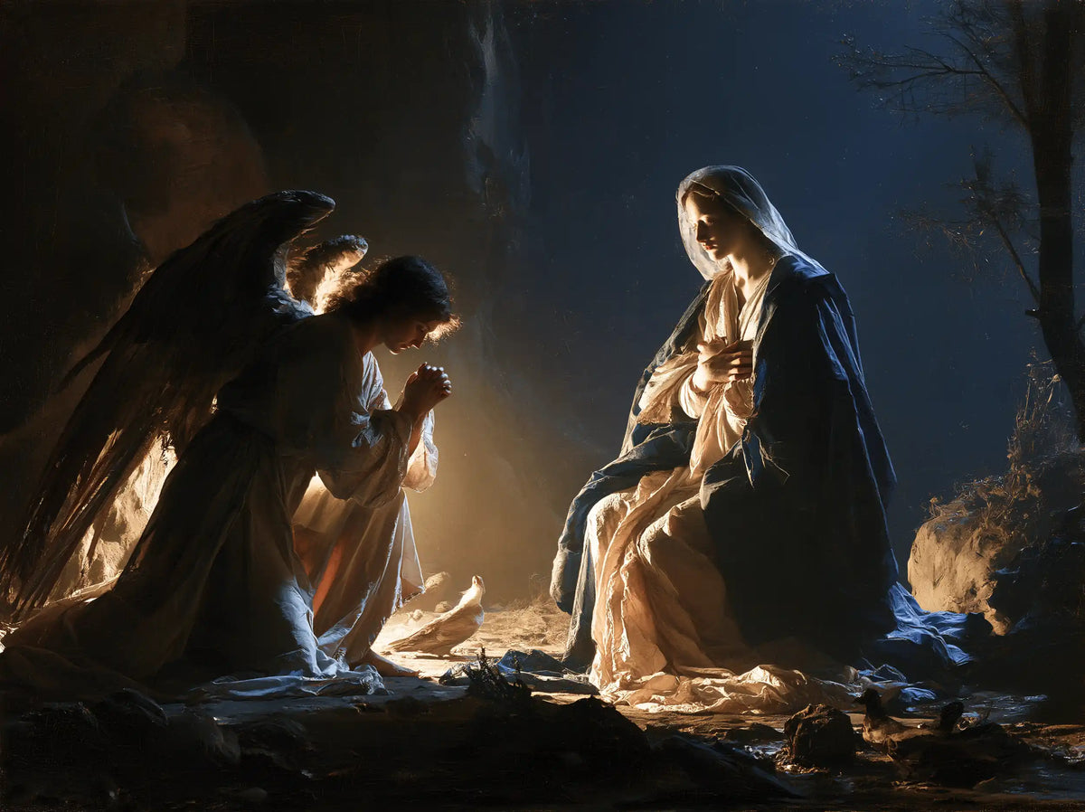 the Annunciation in midnight-blue chiaroscuro in Midnight Blue Chiaroscuro style, landscape Christian artwork no. 6