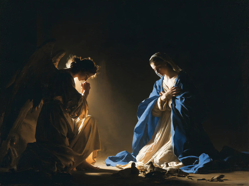 the Annunciation in midnight-blue chiaroscuro in Midnight Blue Chiaroscuro style, landscape Christian artwork no. 11