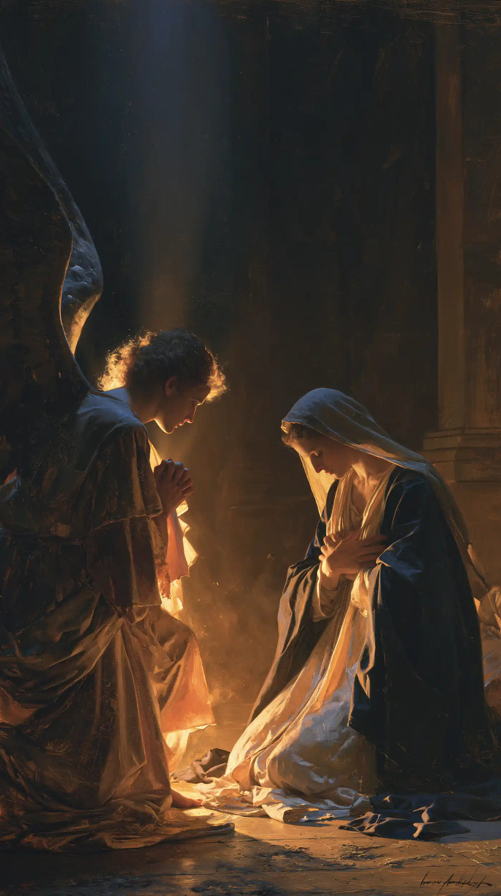 the Annunciation in midnight-blue chiaroscuro in Midnight Blue Chiaroscuro style, portrait Christian artwork no. 3