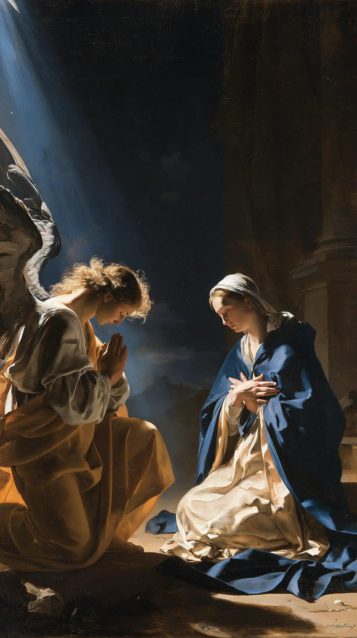 the Annunciation in midnight-blue chiaroscuro in Midnight Blue Chiaroscuro style, portrait Christian artwork no. 11