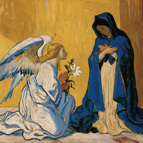 Kneeling Gabriel with a lily before Mary in a quiet golden Post-Impressionist Annunciation room