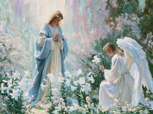 Kneeling Gabriel and Mary with a white lily in a rose and lavender Impressionist Annunciation garden