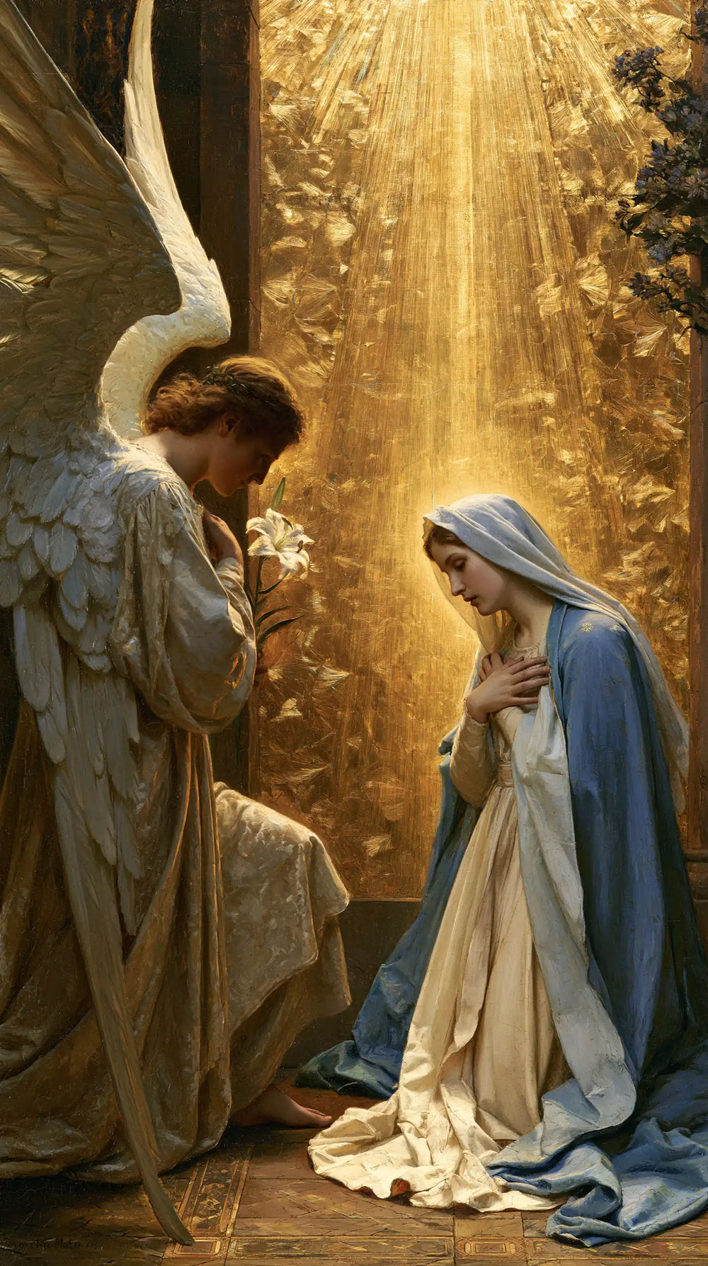 the Annunciation in sacred golden light in Sacred Gold style, portrait Christian artwork no. 1