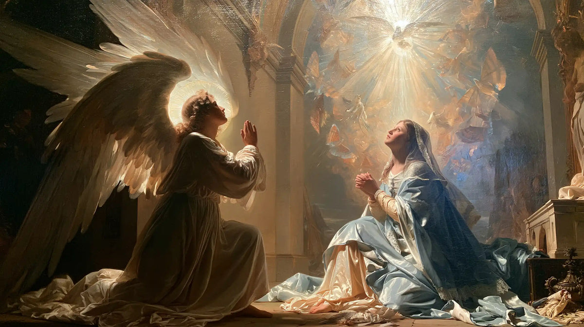 the Annunciation in a monumental sacred view in Sacred Monumental View style, landscape Christian artwork no. 12