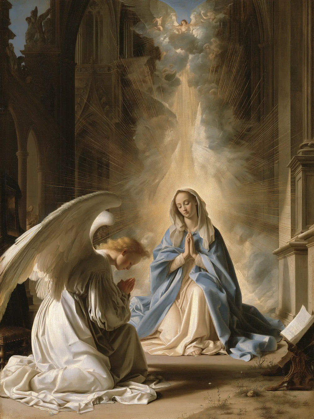 the Annunciation in a monumental sacred view in Sacred Monumental View style, portrait Christian artwork no. 15