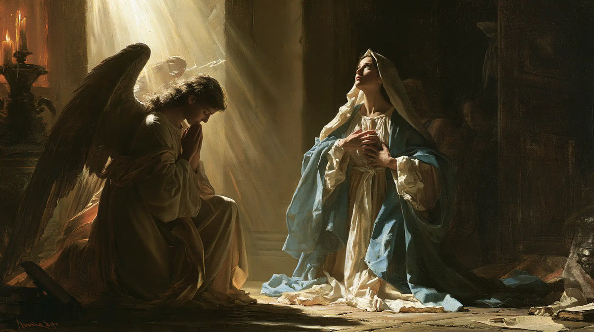Mary receiving Gabriel's message in sacred surprise in Sacred Surprise style, landscape Christian artwork no. 3
